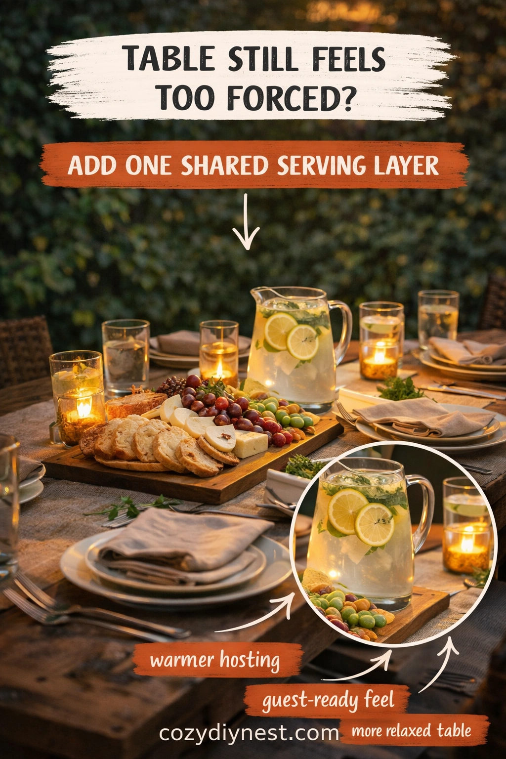 Shared serving setup making an outdoor table feel warmer and more guest-ready