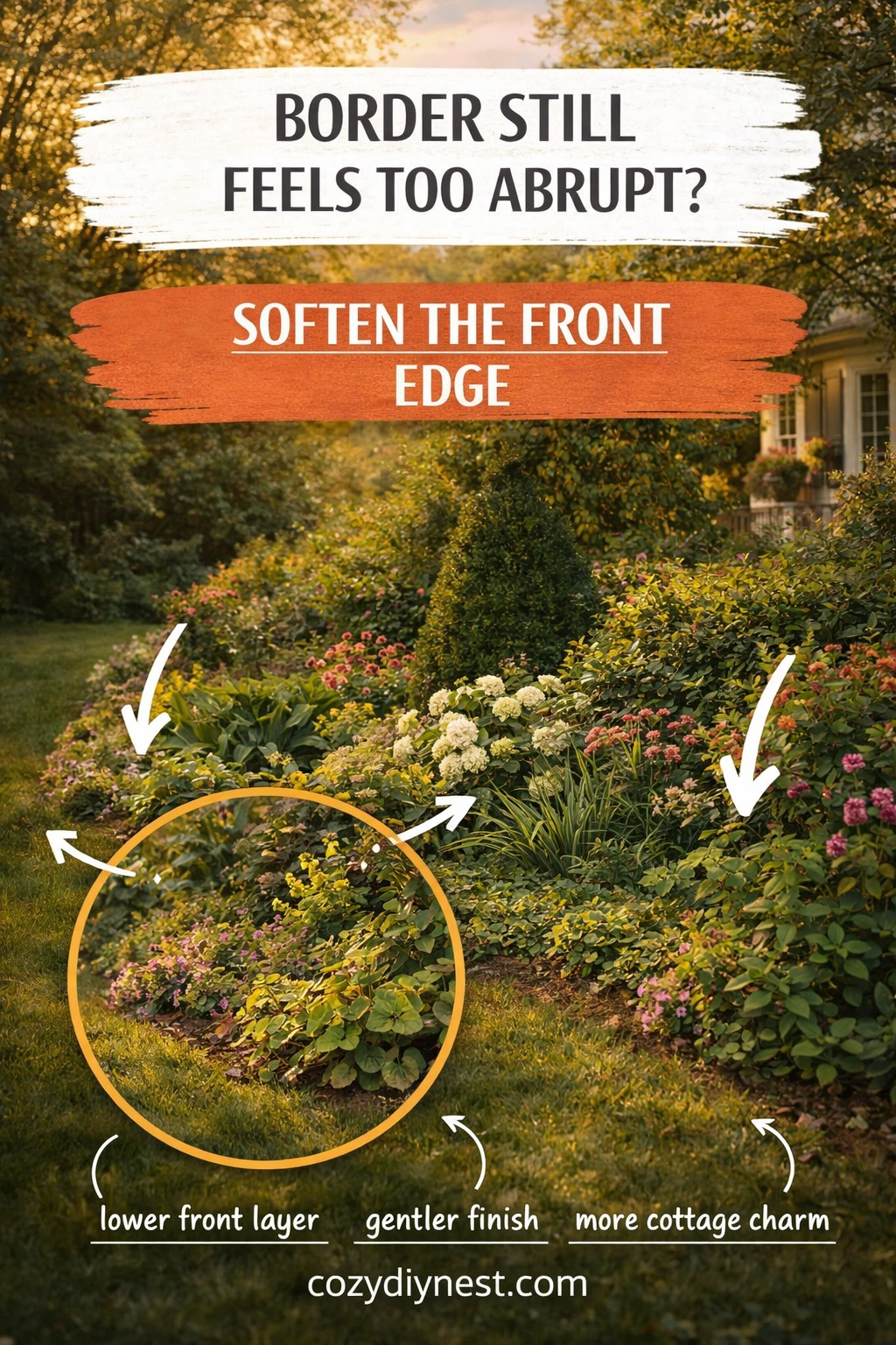 Soft spillover planting making a cottage garden border feel more romantic