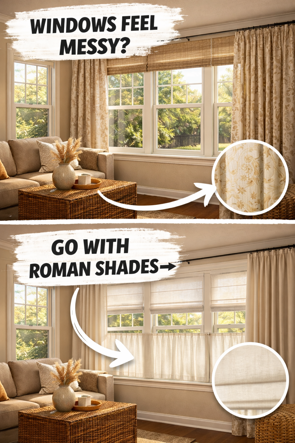 sunroom curtain ideas with light-filtering Roman shades in a bright room