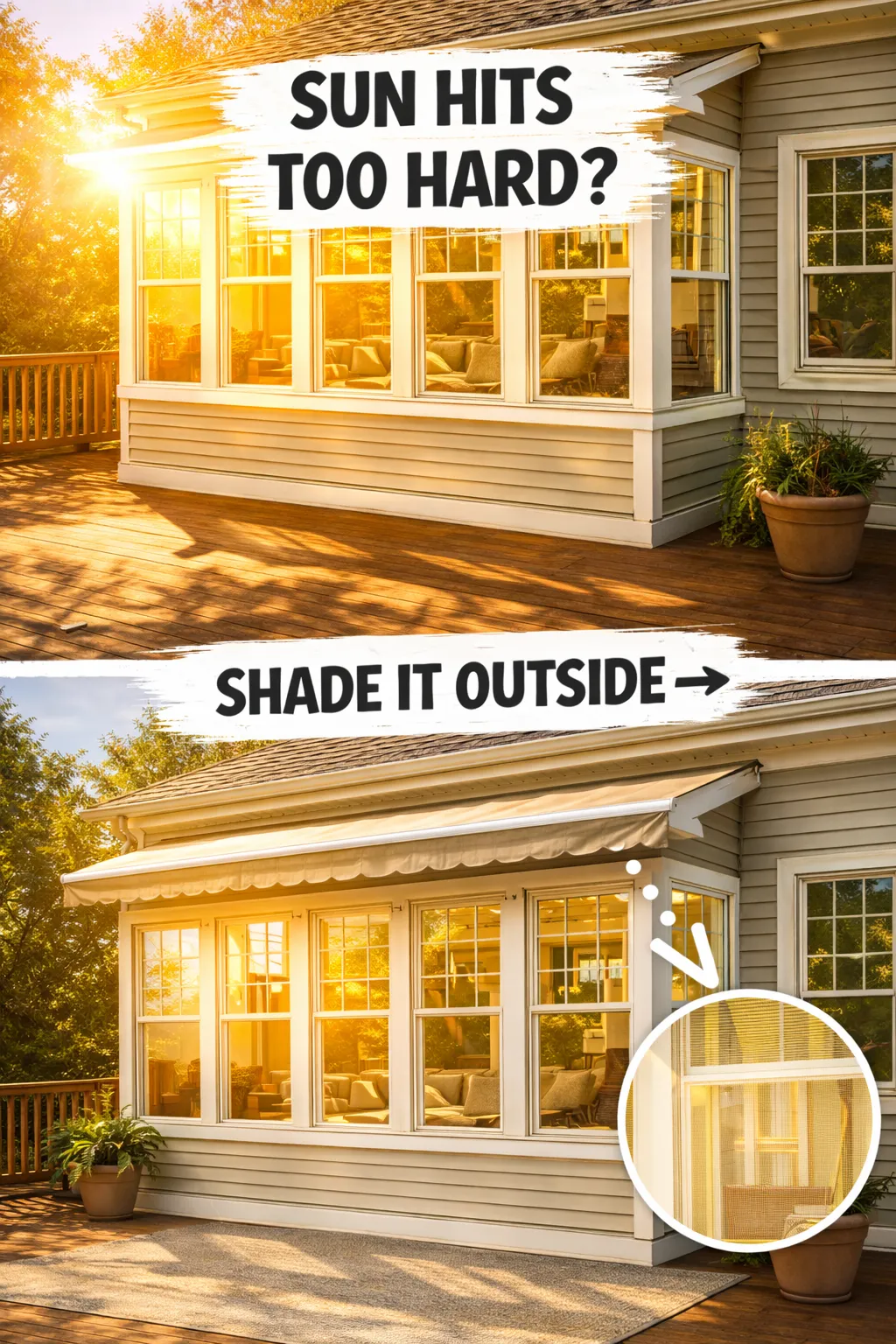 sunroom too hot fix using exterior shade for direct sun exposure