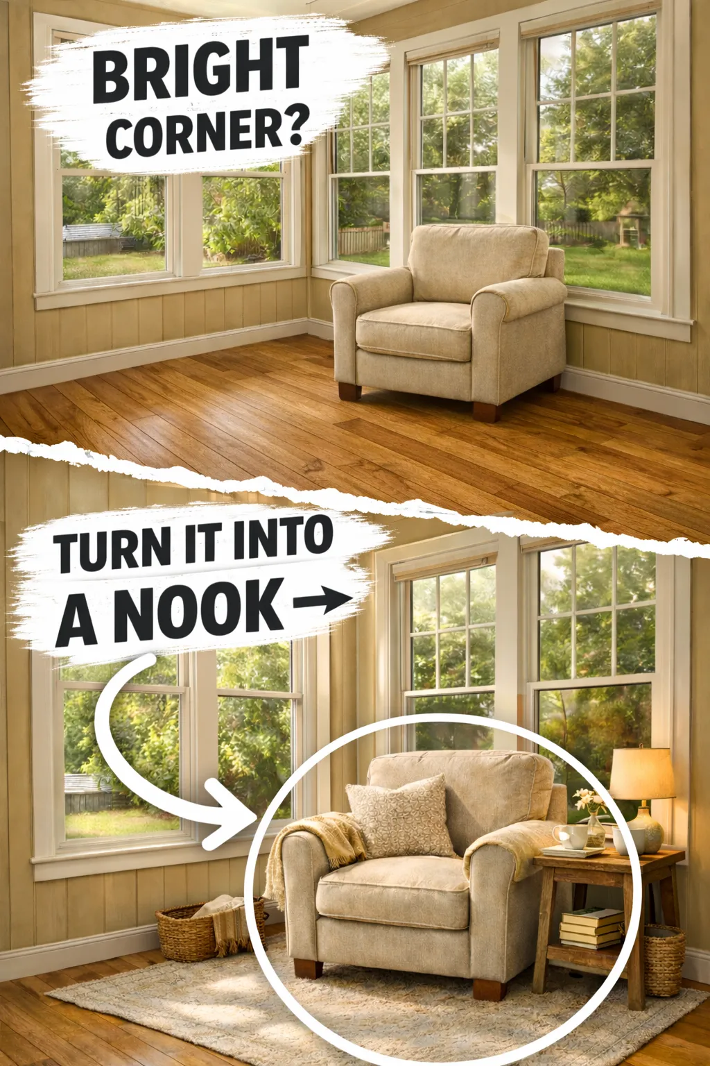 sunroom reading nook ideas with books and basket that give the nook more personality