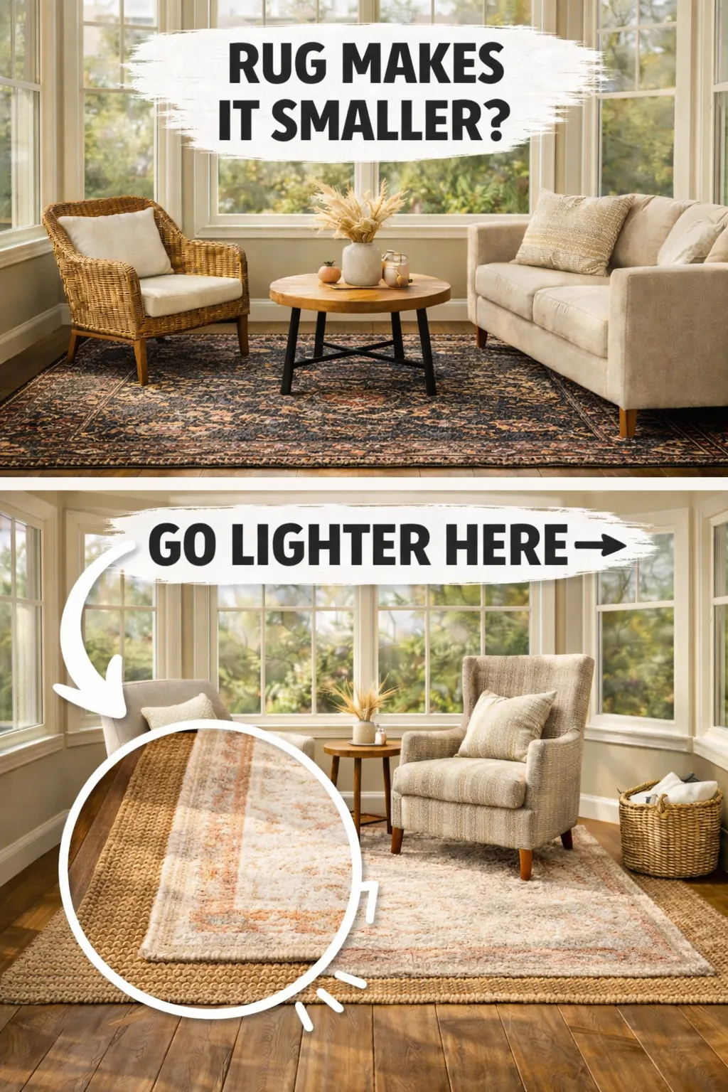 sunroom rug ideas with lighter warm colors in a bright room