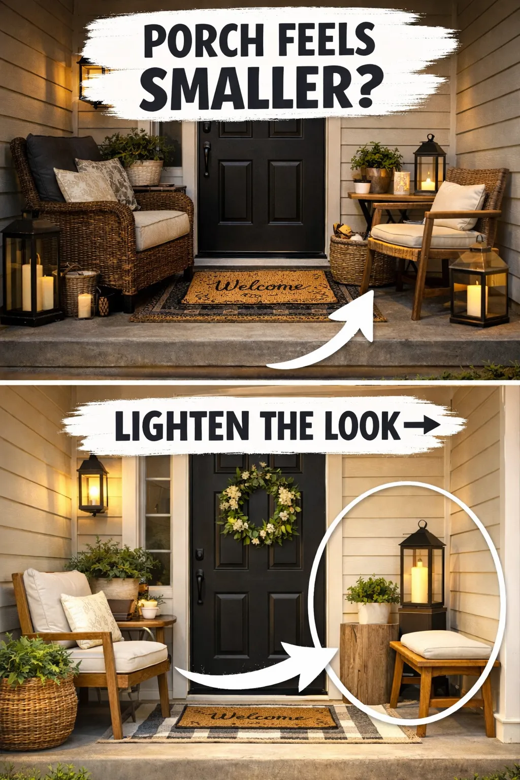small front porch ideas with a lighter warmer color palette that helps a tiny porch feel bigger