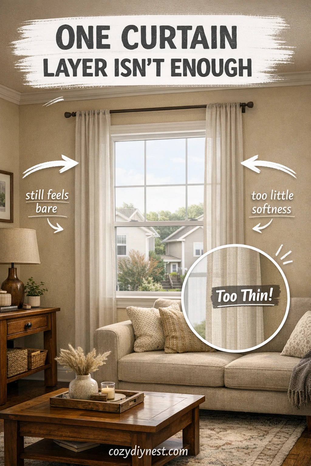 layered window treatments with sheers behind drapes in a warm living room