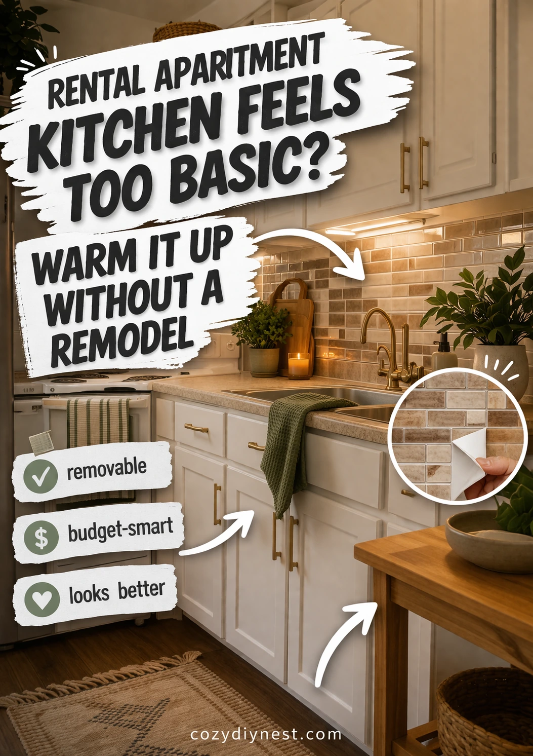 renter-friendly kitchen ideas with a warmer peel-and-stick backsplash in a rental apartment kitchen