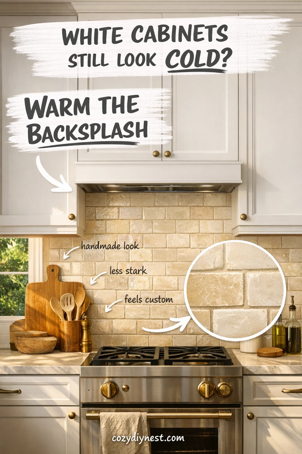 backsplash ideas for white cabinets with warm handmade look tile
