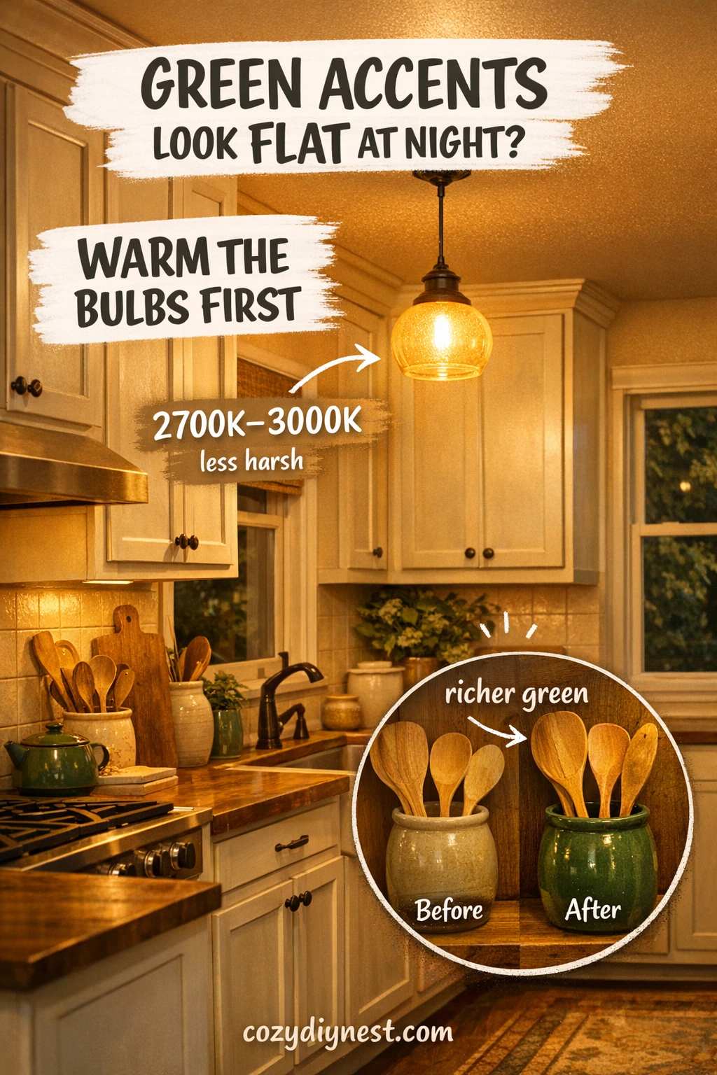 warm kitchen lighting ideas using warmer bulbs to make green accents glow