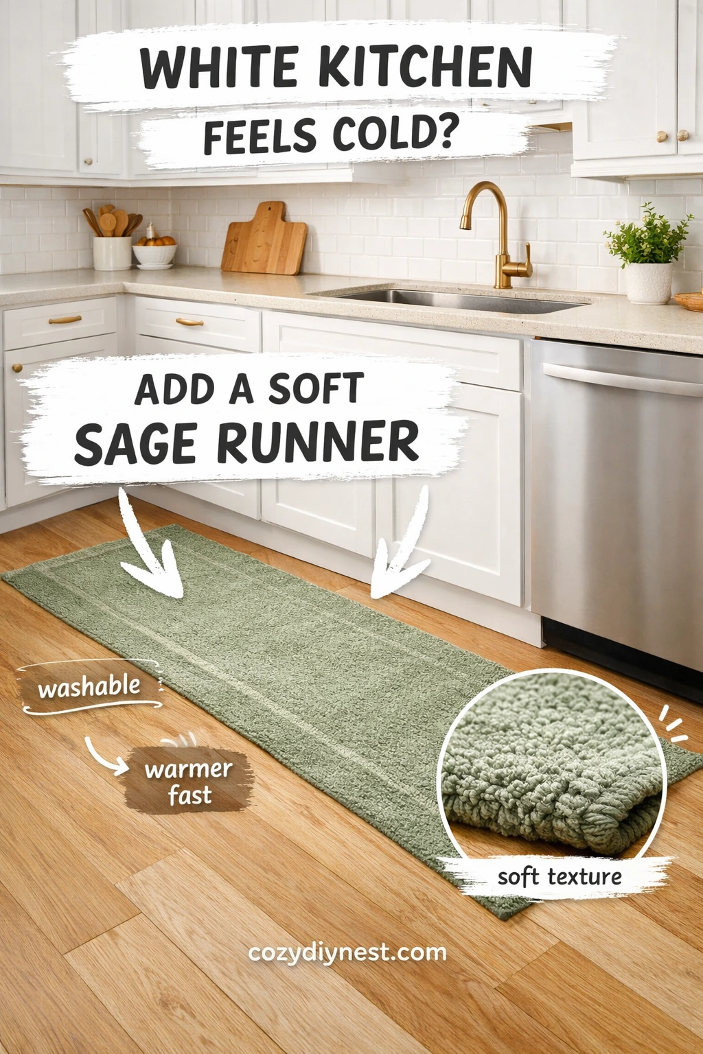 green kitchen accents with a washable sage runner warming up a white kitchen