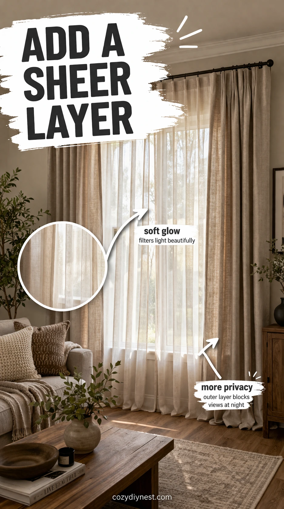 layered window treatments with a double curtain rod and sheers behind drapes