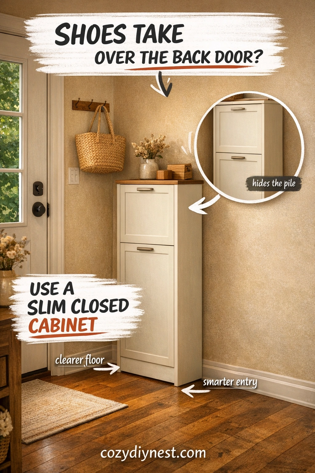 Slim shoe cabinet creating a cleaner no-mudroom back door drop zone