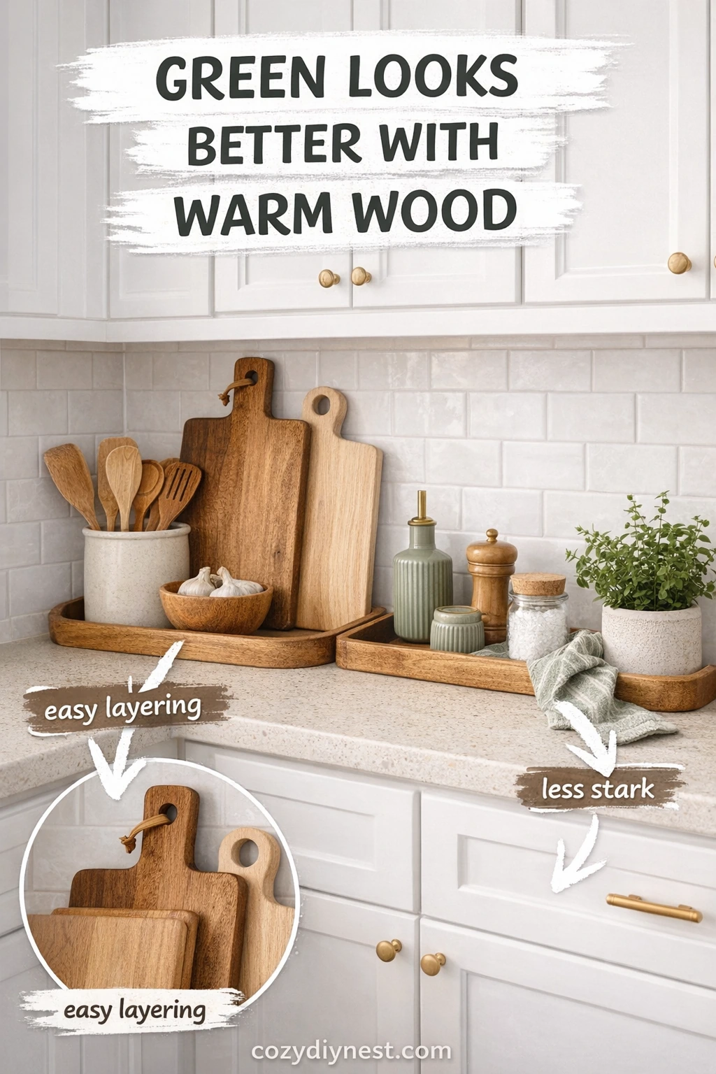 green kitchen accents layered with warm wood in a white kitchen