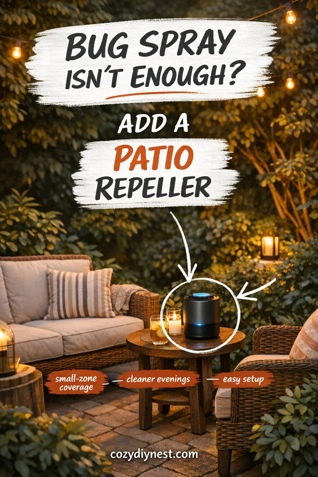 Patio mosquito repeller device helping keep a small seating area more usable at dusk