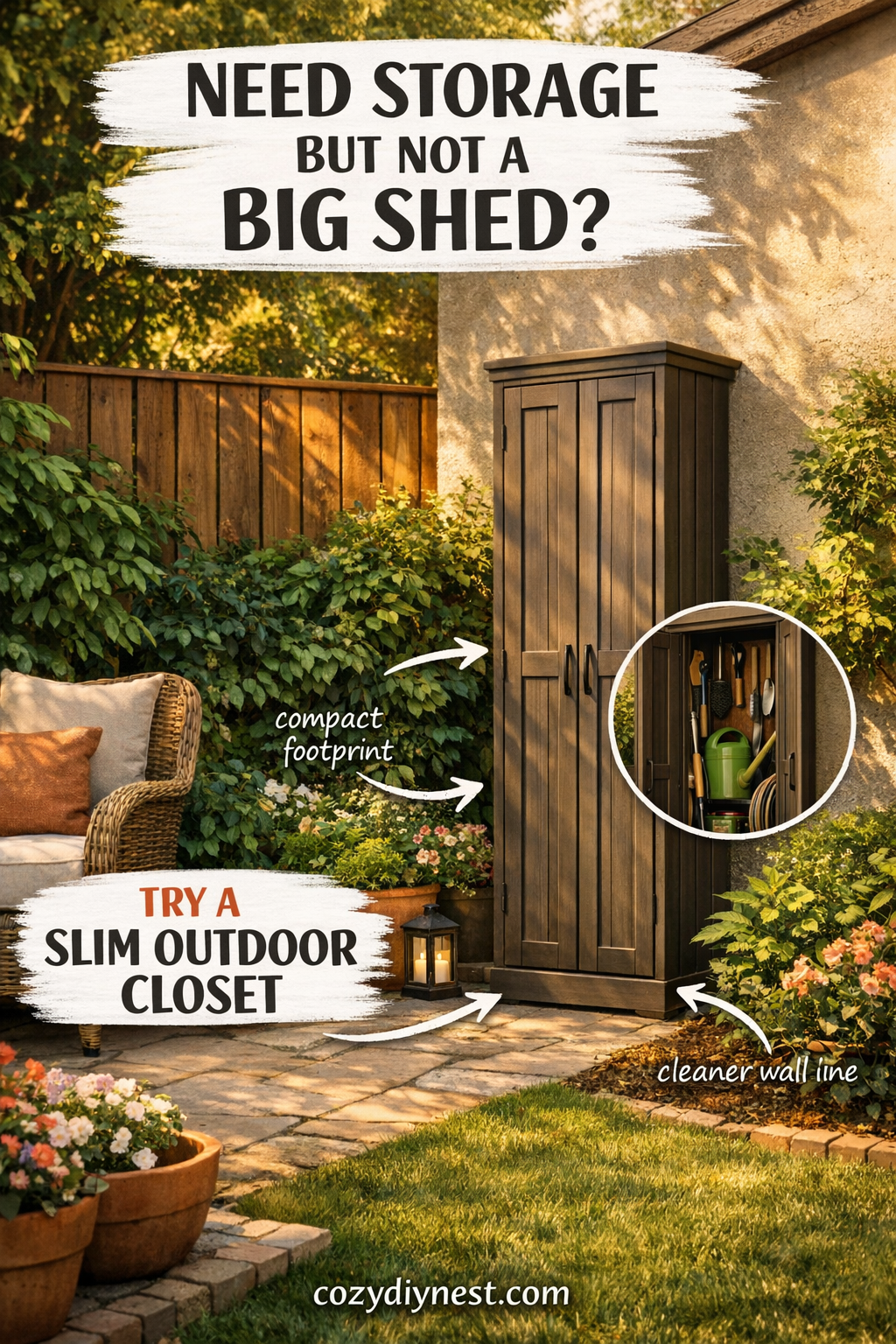 Slim outdoor closet adding compact storage to a small backyard