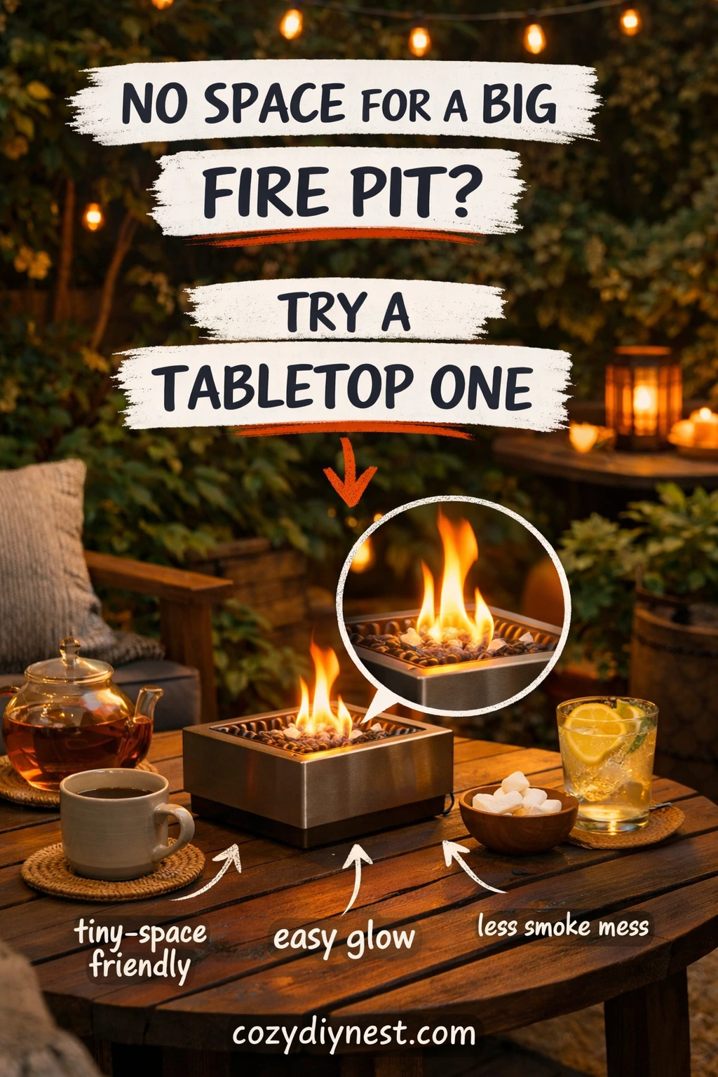 Tabletop fire pit adding evening warmth to a small backyard table