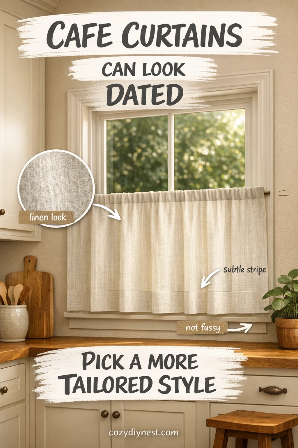 kitchen window treatment ideas with a tailored linen look fabric