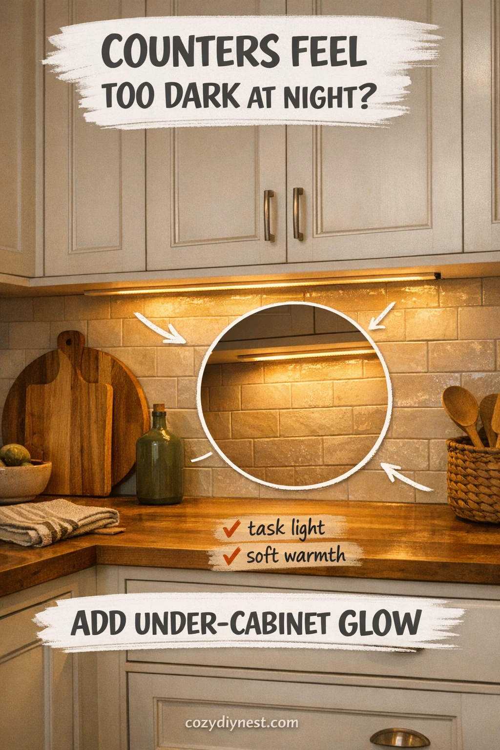 warm kitchen lighting ideas with under cabinet glow on the backsplash and counter