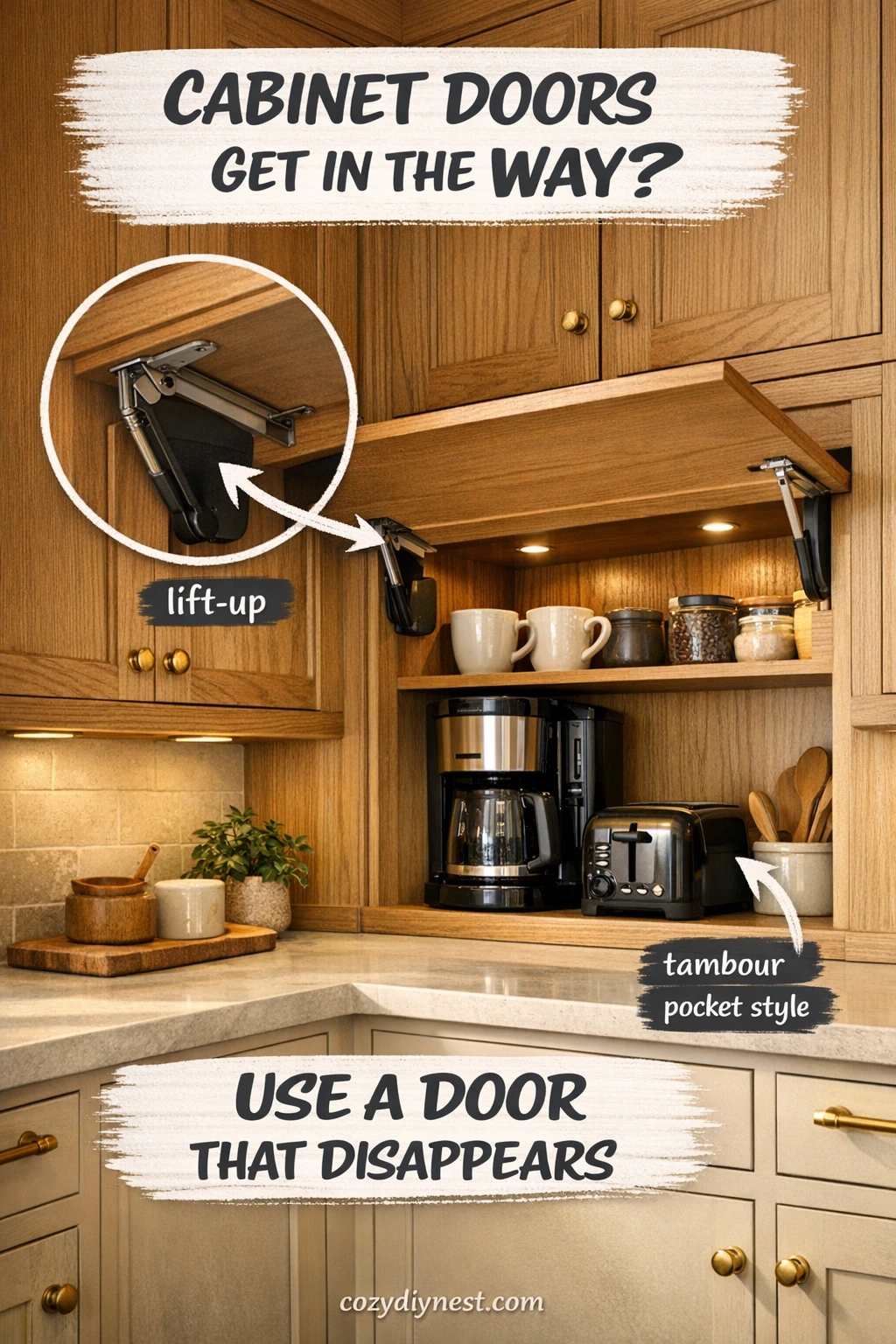 appliance garage ideas with warm wood and soft green cabinet fronts