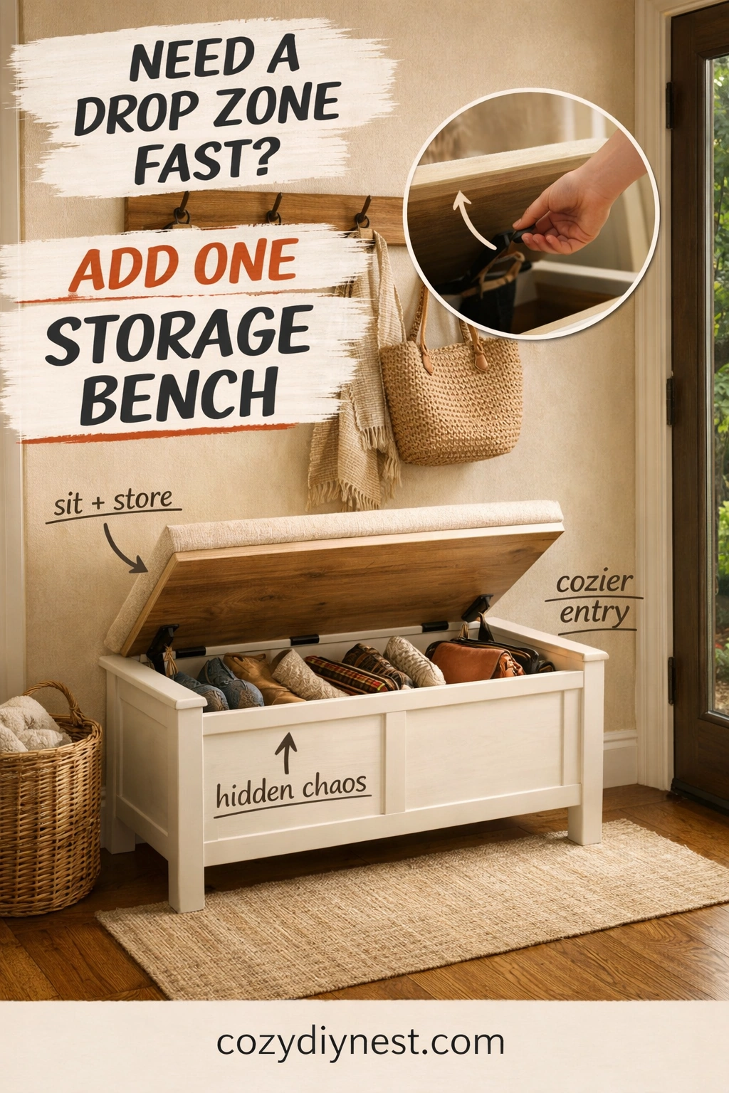 Storage bench adding seating and hidden organization to a no-mudroom back door entry