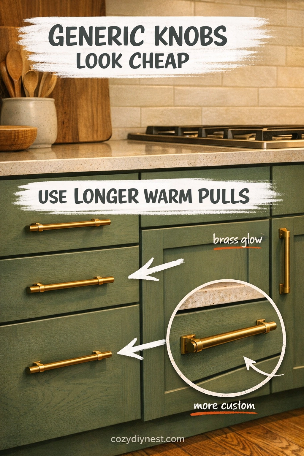 green kitchen cabinet ideas with longer warm brass cabinet pulls