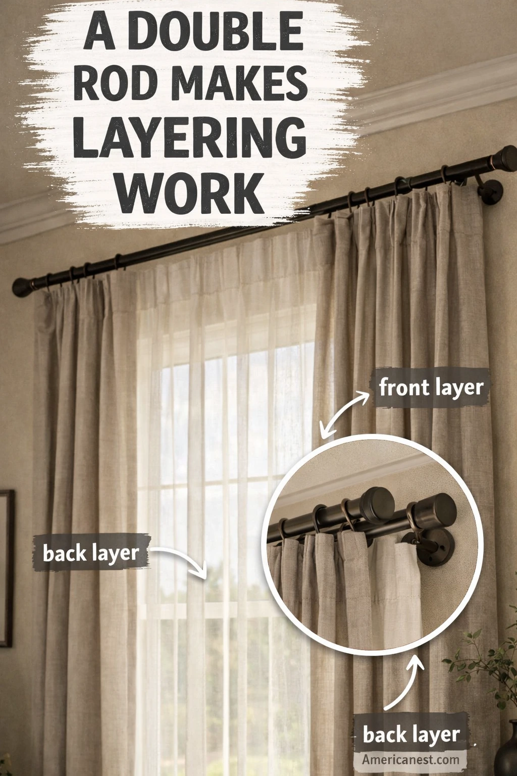 layered window treatments with woven shade and outer drapes