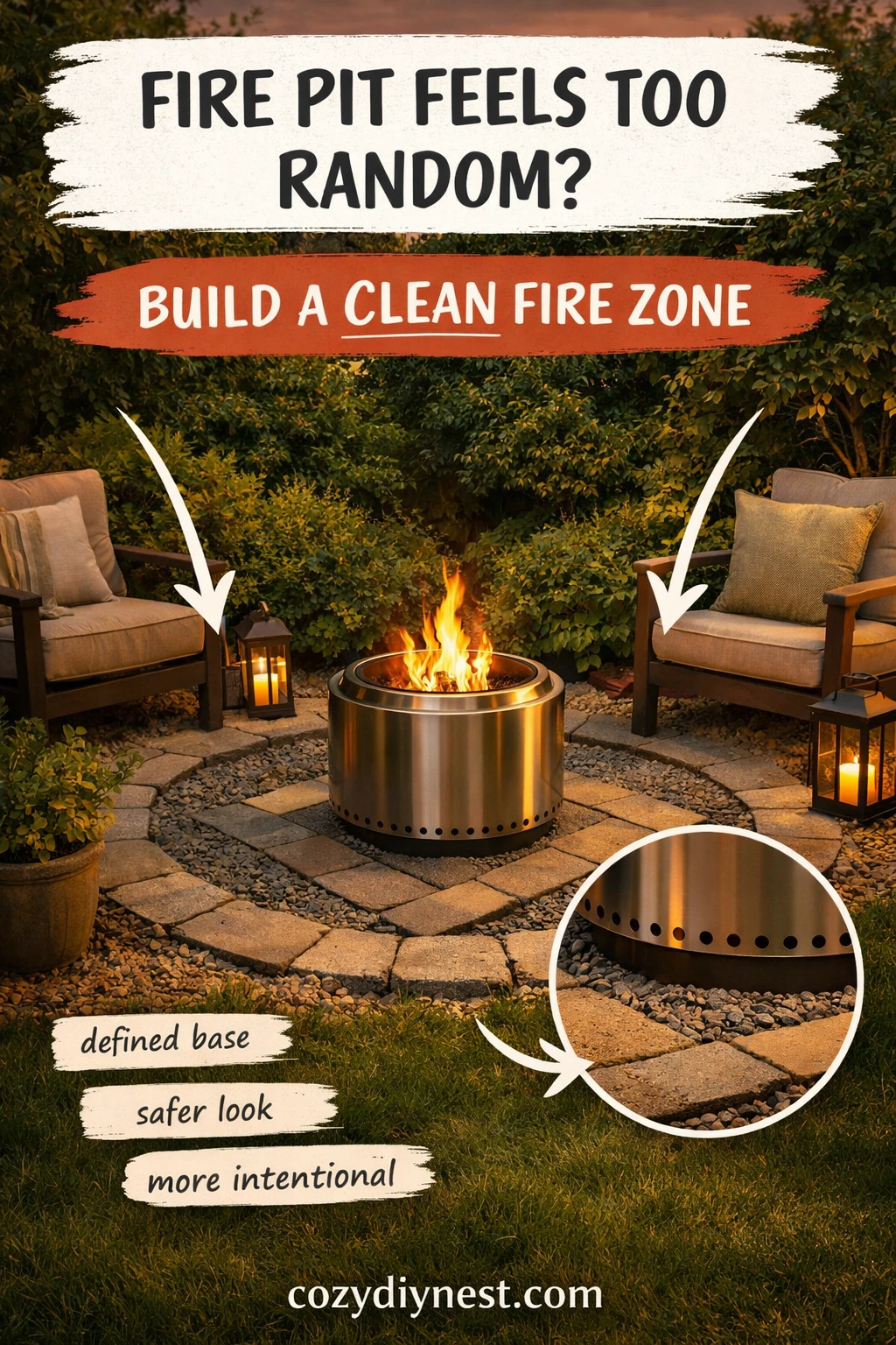 Smokeless fire pit placed on a defined gravel fire zone in a backyard