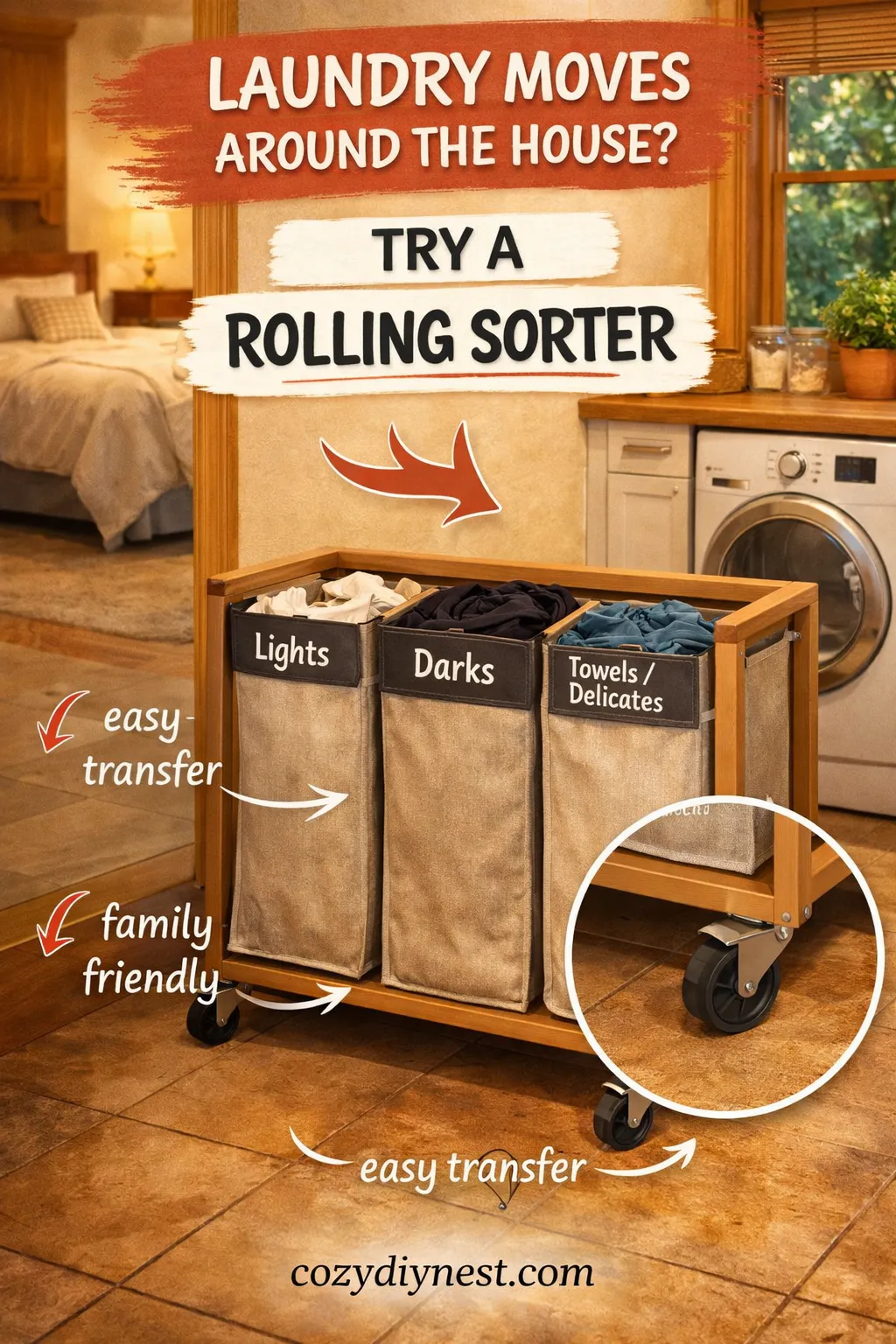 Rolling laundry sorter helping move loads more easily through the house