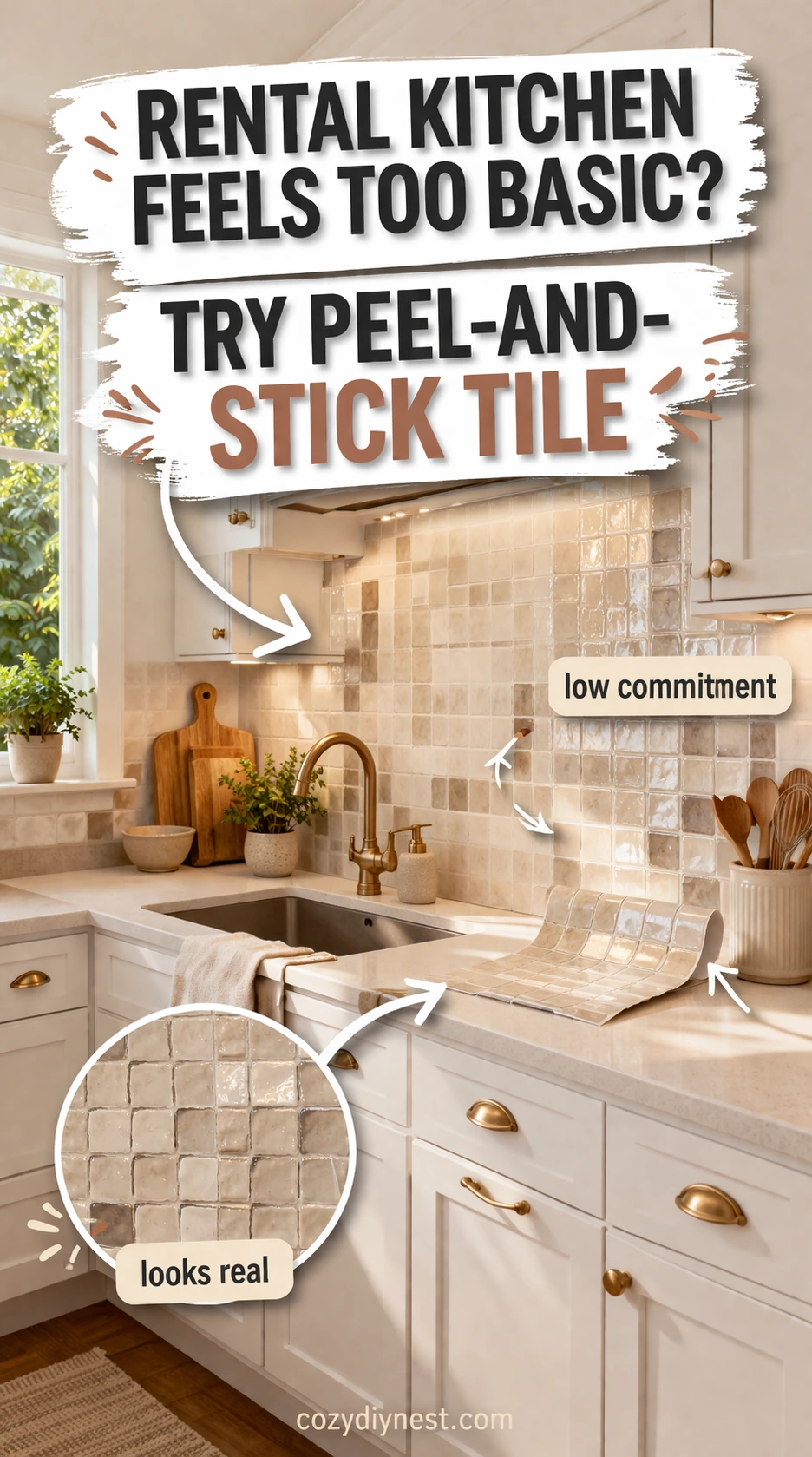 backsplash ideas for white cabinets using peel and stick tile