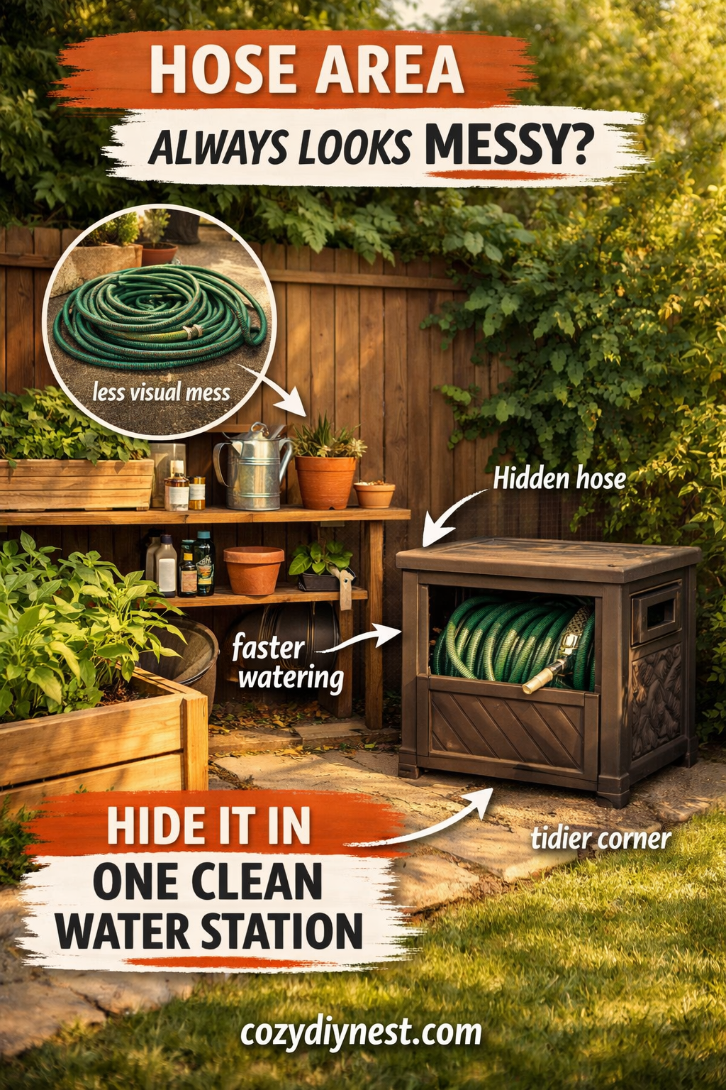 Hose hideaway and watering station keeping a small backyard cleaner and more organized