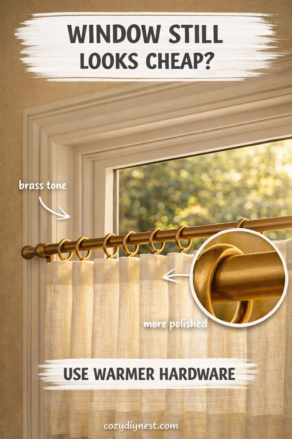 kitchen window treatment ideas with warm toned curtain hardware