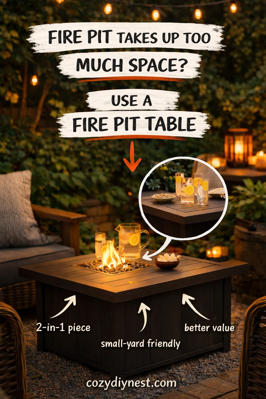 Dual-use fire pit table in a small backyard seating area