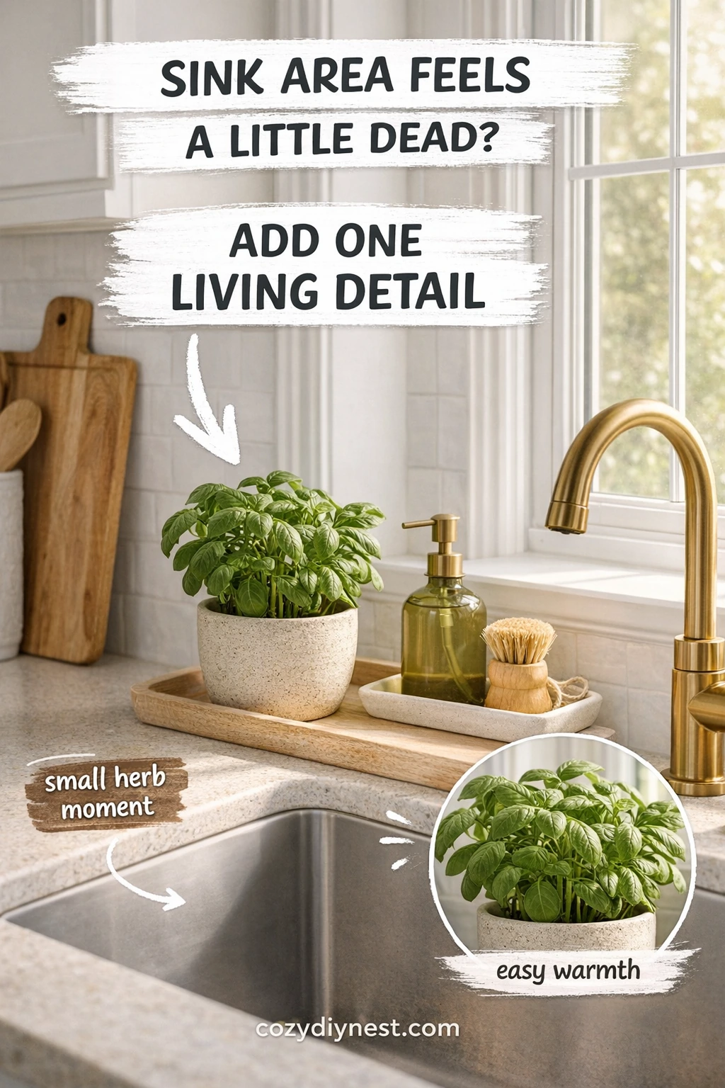 green kitchen accents with a small herb planter by a white kitchen sink