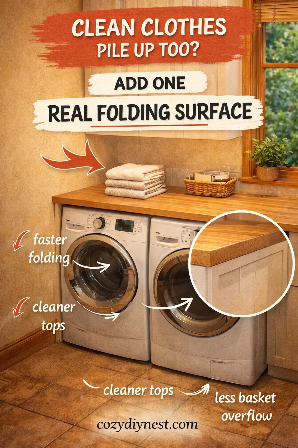 Countertop over washer and dryer creating a real folding surface in a laundry room