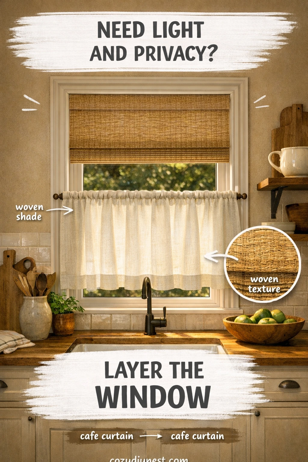 kitchen window treatment ideas layered with a woven shade