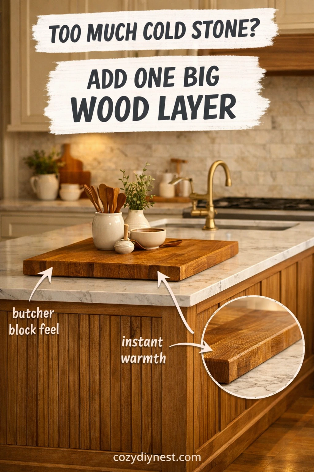 kitchen island decor ideas with one oversized wood layer on the island