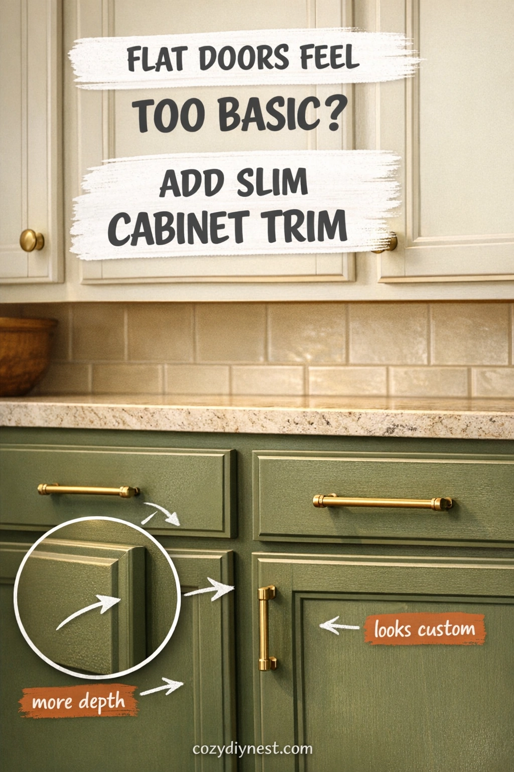 green kitchen cabinet ideas with slim trim added to cabinet doors