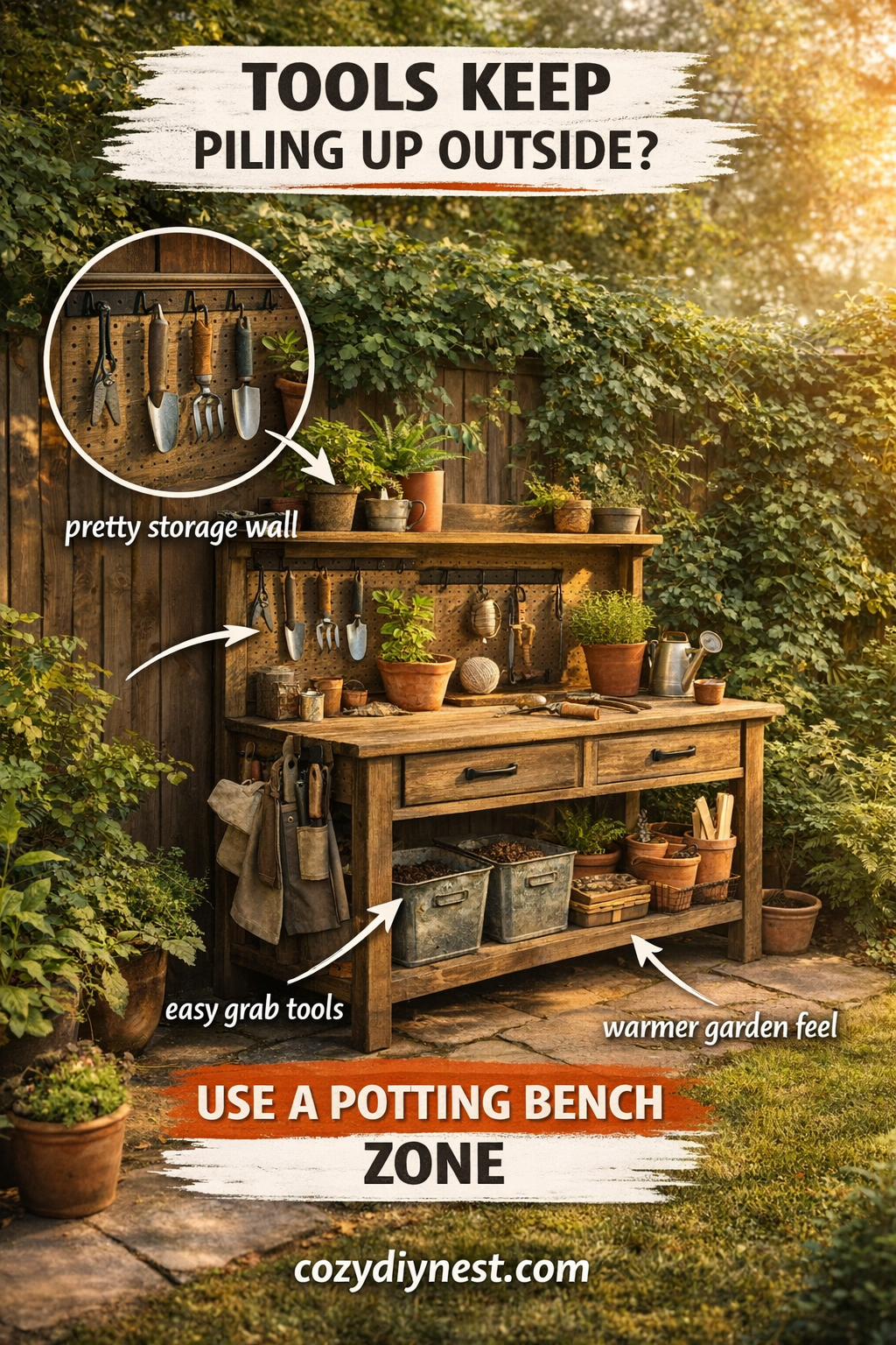 Potting bench with storage hooks and shelves organizing a small backyard