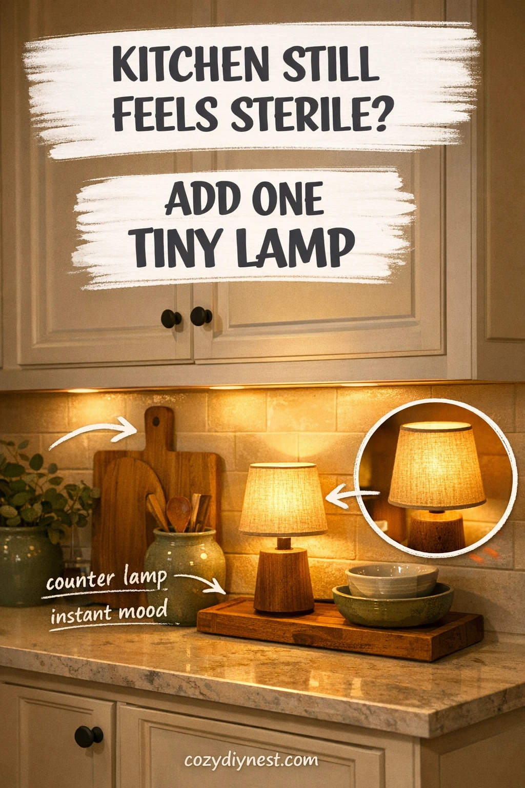 warm kitchen lighting ideas using one small lamp on the counter