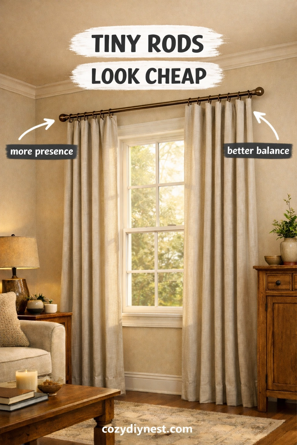 curtain hardware ideas with coordinated hardware finishes in a living room