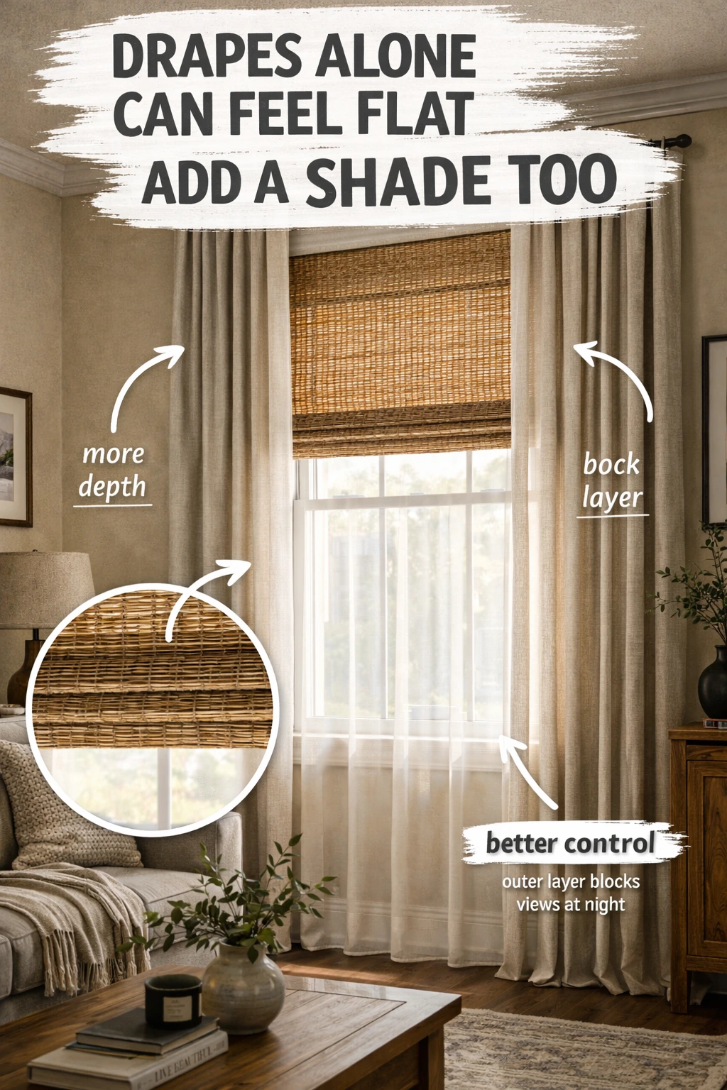 layered window treatments for privacy and daylight in a warm neutral room