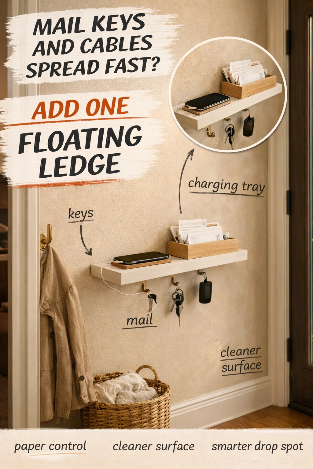 Floating ledge organizing keys mail and charging near a back door drop zone