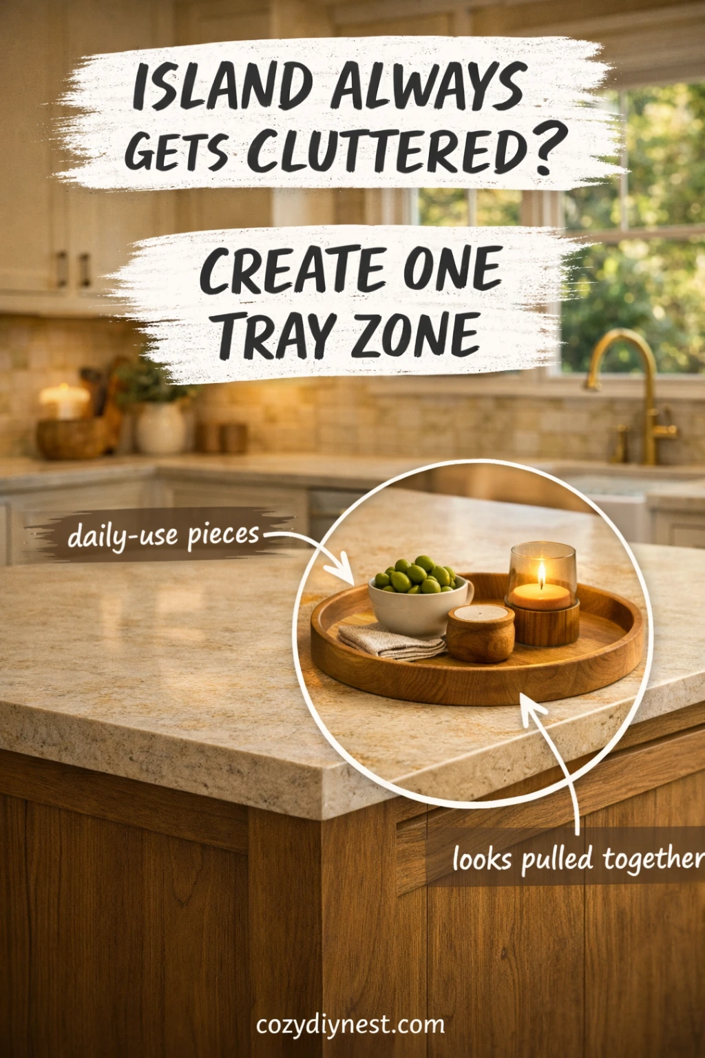kitchen island decor ideas with one curated tray zone