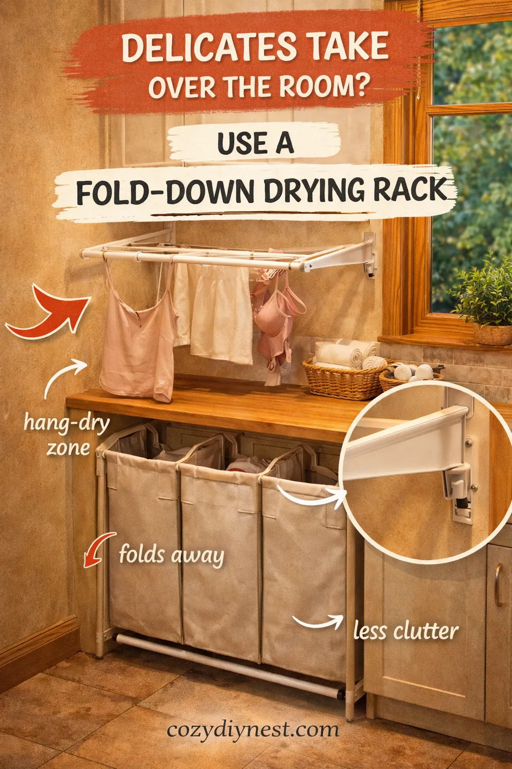 Fold-down wall drying rack keeping air-dry laundry from taking over a small room