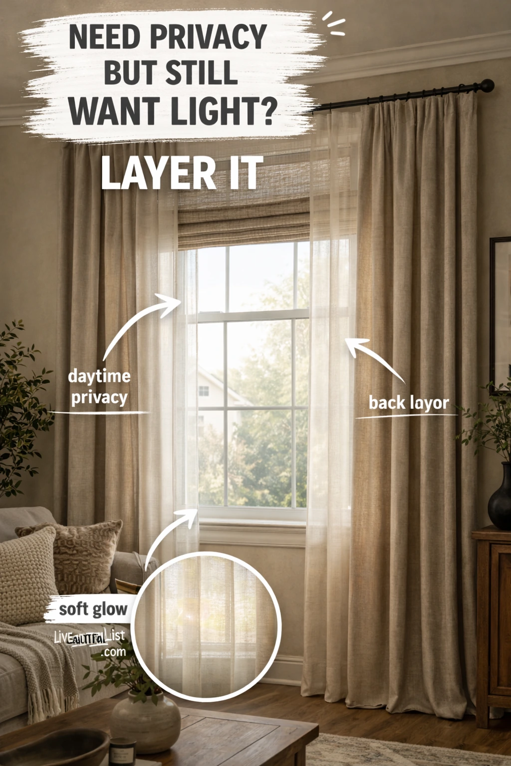 layered window treatments with hidden blackout shade behind decorative drapes