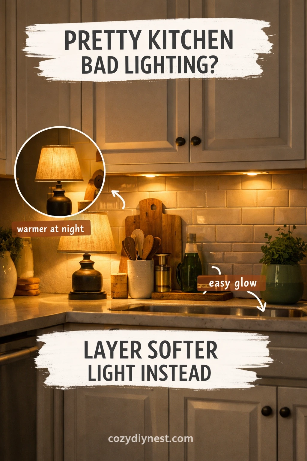 green kitchen accents in a white kitchen with warm layered evening lighting