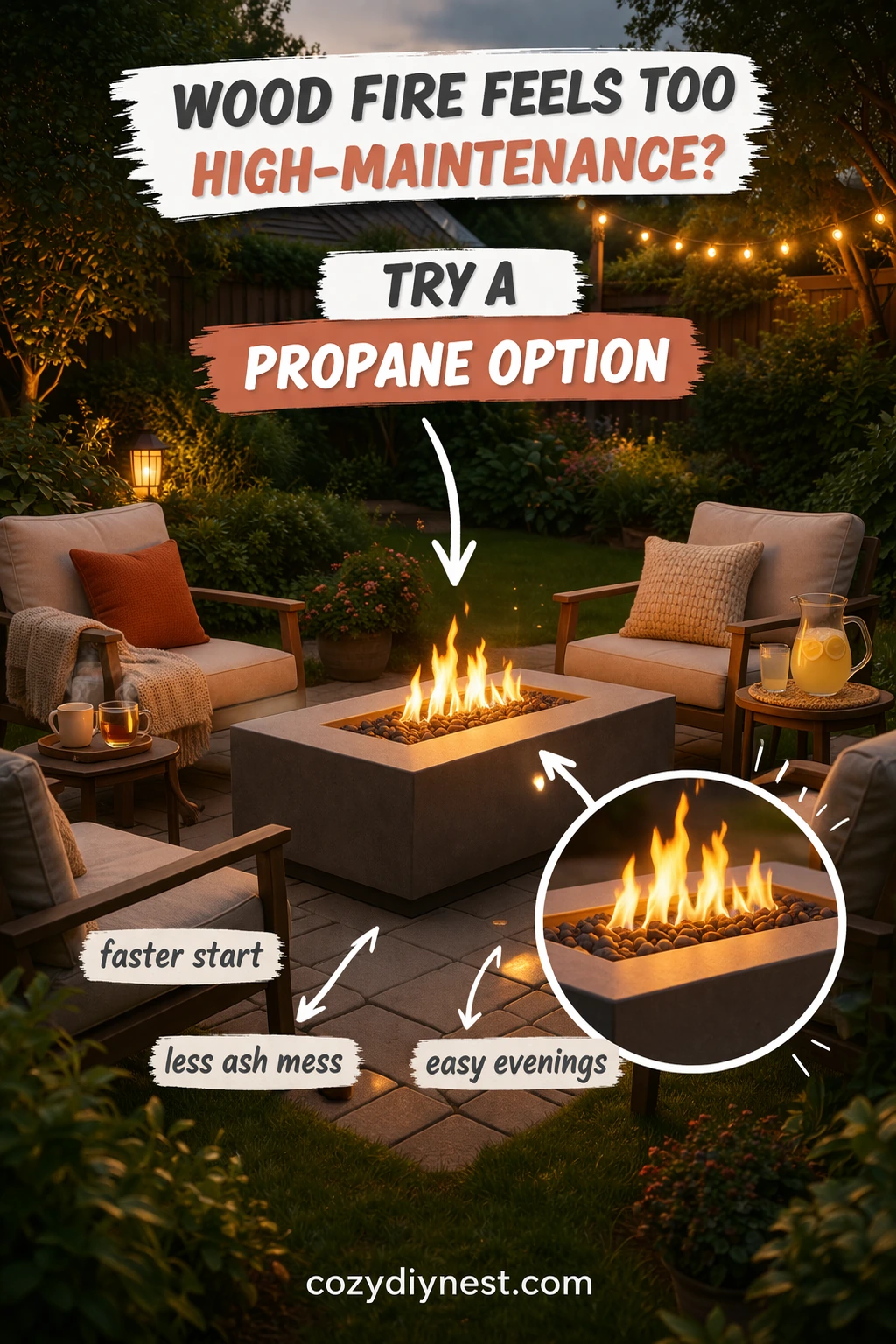 Propane fire pit making a backyard easier to use on cool evenings