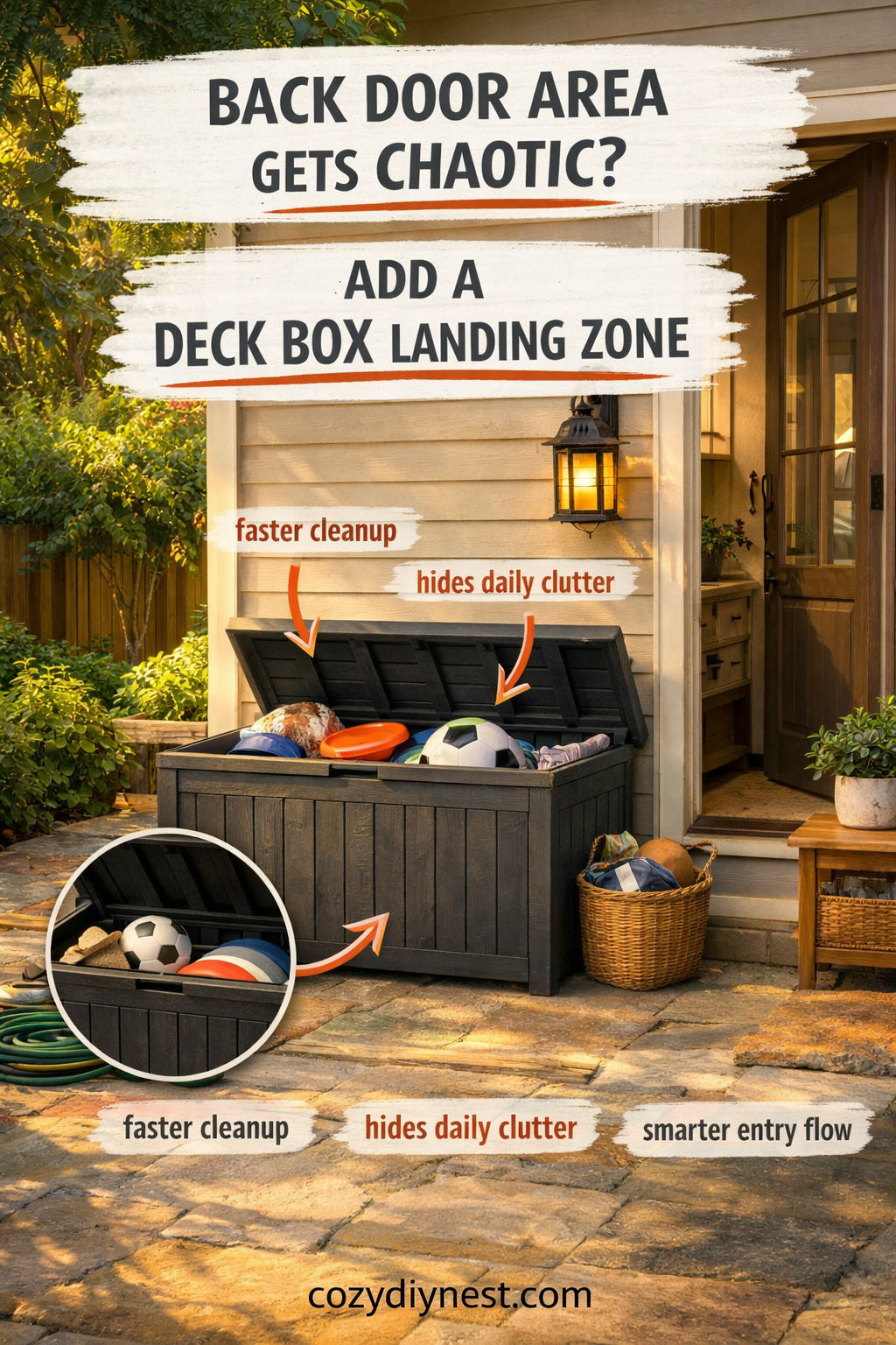 Back-door deck box landing zone keeping a small backyard tidier and more intentional