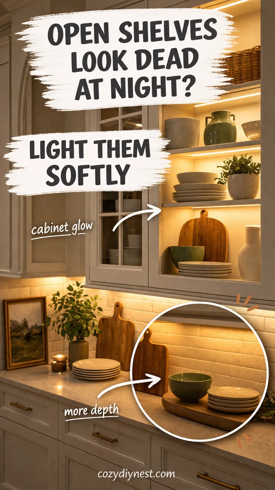 warm kitchen lighting ideas for open shelves and glass cabinets