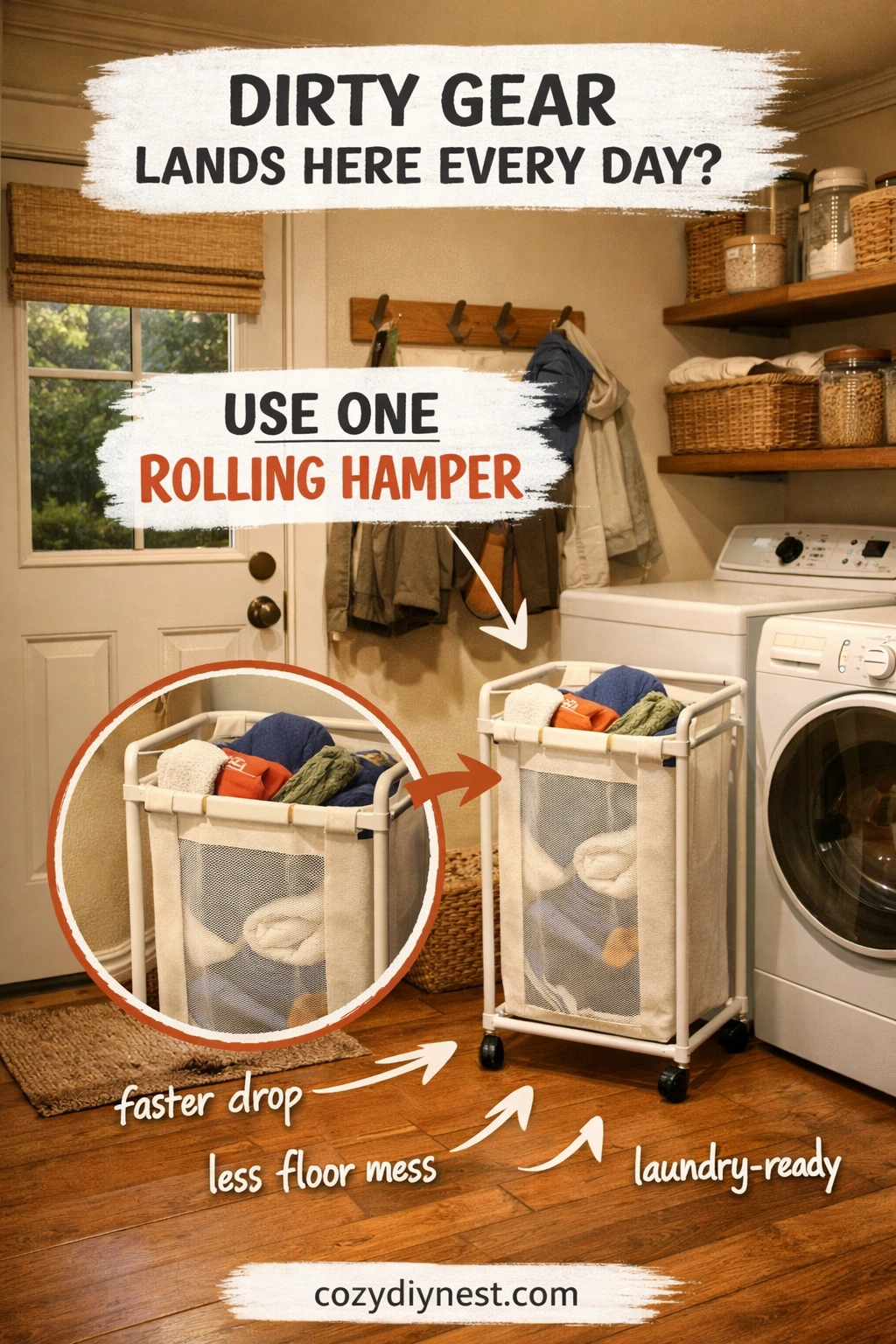 Rolling hamper creating a cleaner no-mudroom back door drop zone for dirty gear