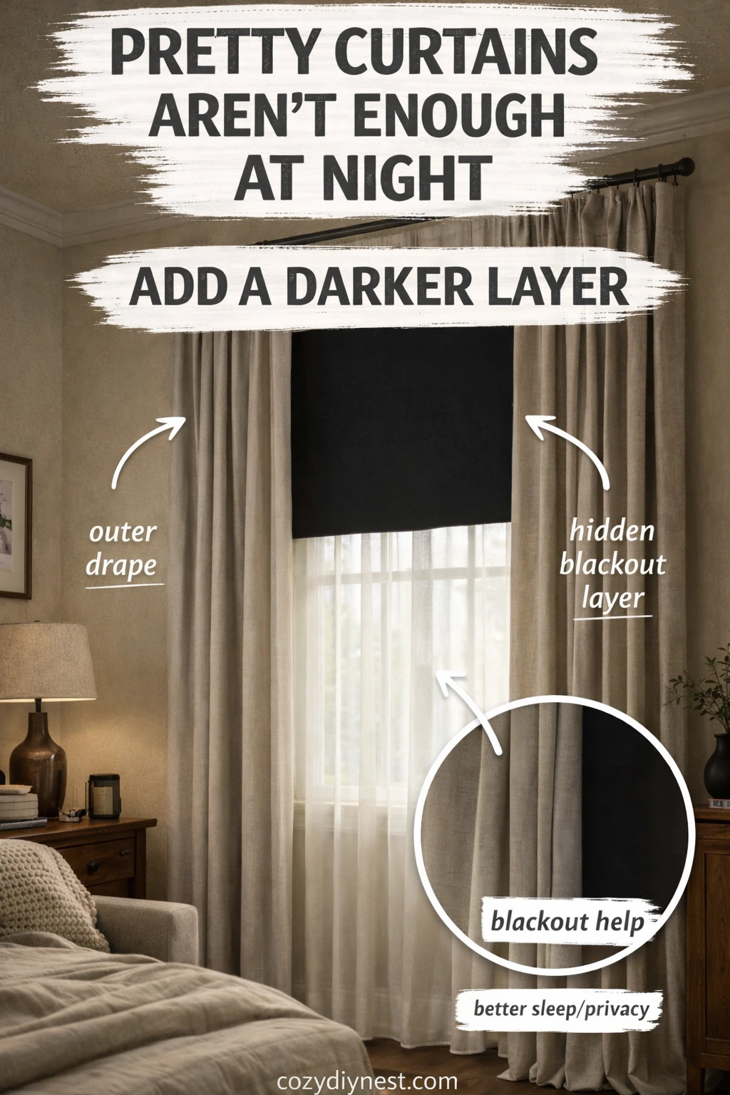 layered window treatments with warm toned hardware and double rod spacing