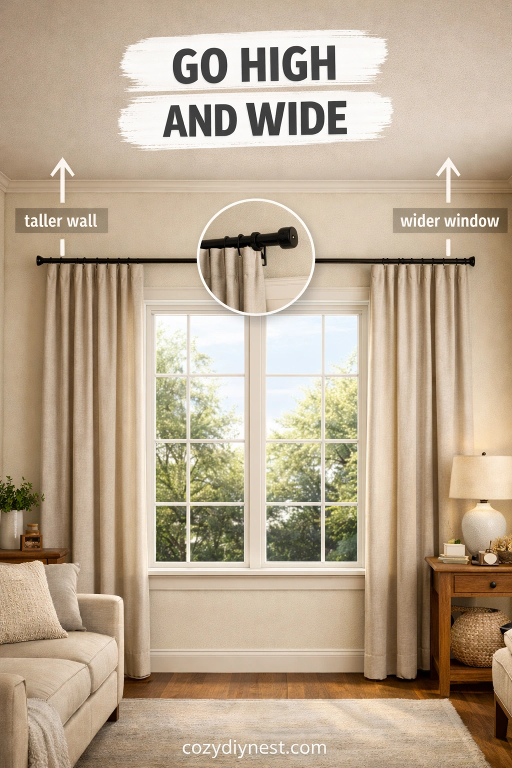 curtain rod width across grouped windows on one wall
